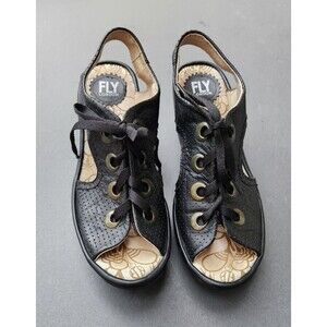 Fly London Shoes 8.5 Yuta Ylva Black Perforated Leather Lace-up Wedge Sandal 39